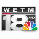 WETM Channel 18 news logo, white letters with black background with NBC logo